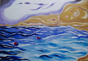 Waves and marker buoys at Curium beach Artwork: Waves and marker buoys at Curium beach
