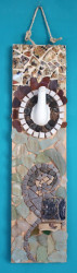 Continuing with the idea of sustainability, materials are wine box lid, broken pottery, sea glass, marble pieces, Cypriot minerals and a small stoneware tile glazed with local Cypriot minerals, 45 x 12cm Artwork: I'm a Little Teapot