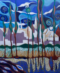 Oil on canvas, 80 x 55cm (sold). This one has an interesting history; a very old canvas ( late 1800's?) that my father bought at auction, unable to restore it without ruining it, I decided to paint over it, using the elements already there, and adding my own. I had no idea what the result would be. Artwork: Chateau of Dreams